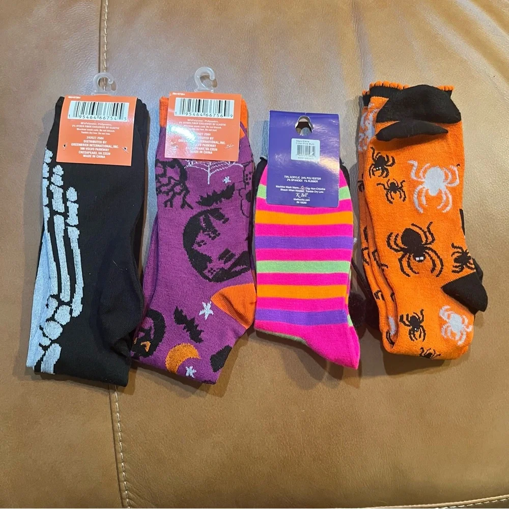 Halloween Socks Set‎ of 4 Skeleton Pumpkin Black Cat Spider Black Orange Purple